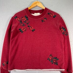 Miles Madewell Cut‎ Off Sweater Womens XS Red Comfort Classic Floral Embroider